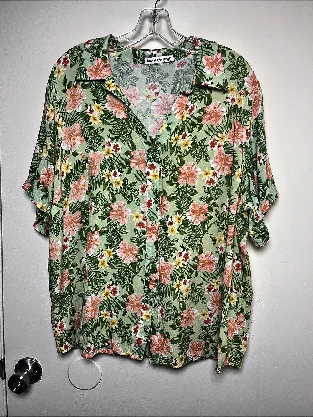 Women's Hasting & Smith Plus Size Floral Tropical Button Down Top Green Pink XXL
